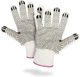 12 Pack PVC Double Side Dot String Gloves 10". String Knit Gloves with Plastic Dot Coating. Large Size Gloves. Knitted Cotton Polyester Gloves for Gen