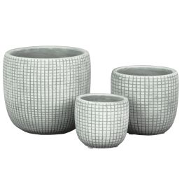 Round Cement Pot with Textured Square Lattice Engraving; Set of 3; Gray; DunaWest