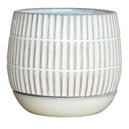 Textured Line Pattern Ceramic Cachepot with Saucer; White; DunaWest